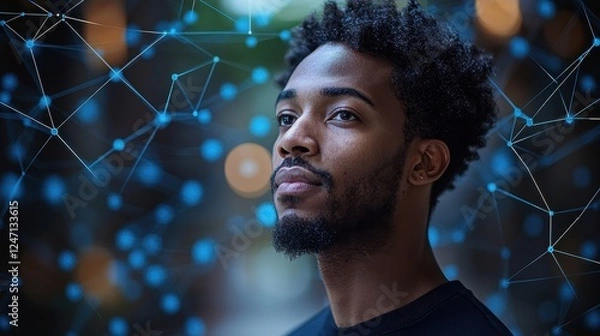 Fototapeta A thoughtful individual surrounded by a digital network of connections.