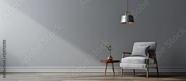 Obraz Gray interior featuring armchair, side table, hanging lamp, and empty wall. Modern and minimalist style.