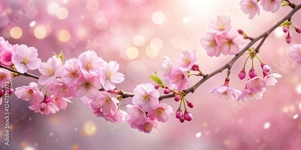 Fototapeta Pink Cherry Blossom Branch, Falling Petals, Soft Pink Background