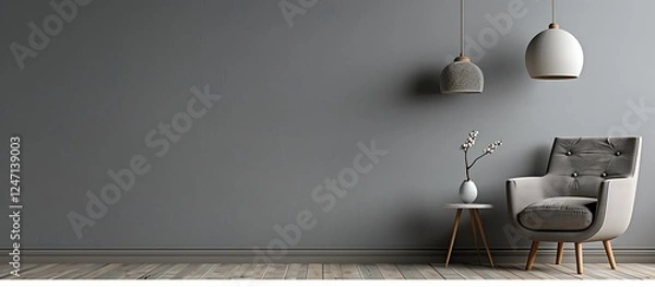 Obraz Gray interior with armchair, side table, hanging lamp, and empty wall. Ideal for product presentation.