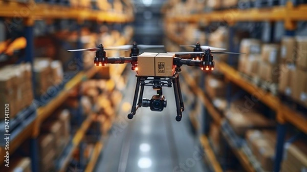 Fototapeta A delivery drone taking off with a package from a logistics center
