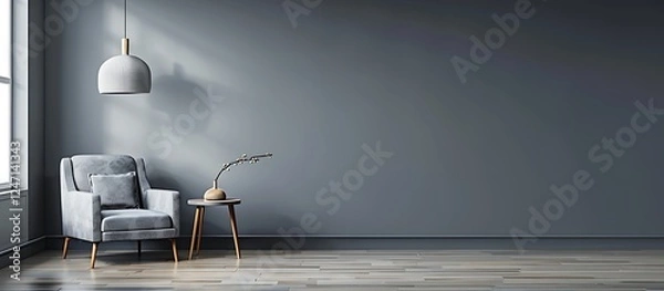 Obraz Gray interior featuring armchair, side table, hanging lamp, and empty wall. Modern and minimalist style.