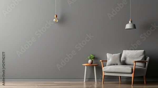 Obraz Gray interior with armchair, side table, hanging lamp, and blank wall. Clean and minimalist design.