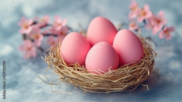 Fototapeta Eggs in wicker nest with pink flowers behind them, decorated for Easter celebration.