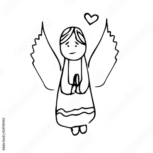 Fototapeta A Black and White Hand-Drawn Sketch of An Angel With Wings