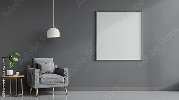 Obraz Gray interior with armchair, side table, hanging lamp, and blank wall. Clean and minimalist design.