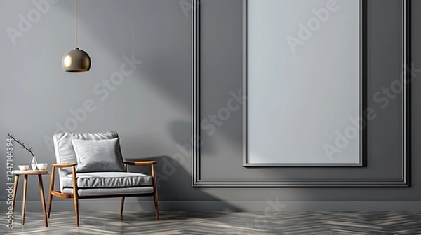 Obraz Gray interior with armchair, side table, hanging lamp, and blank wall. Clean and minimalist design.
