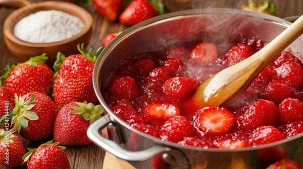 Obraz Fresh strawberries simmer in a pot for homemade jam preparation during a sunny afternoon