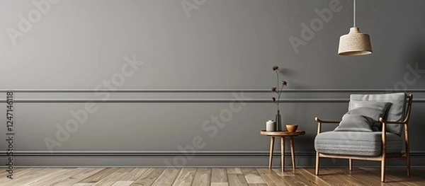 Obraz Gray interior with armchair, side table, hanging lamp, and empty wall. Ideal for product presentation.