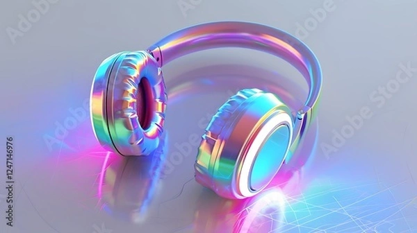 Fototapeta A pair of vibrant noise-canceling headphones with glowing earcups, placed neatly on a polished white surface.