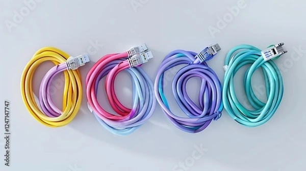 Fototapeta A set of colorful ethernet cables with metallic connectors, coiled neatly on a plain white backdrop.