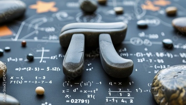 Obraz A close-up of a smooth, polished stone shaped like the symbol for pi, surrounded by scattered mathematical equations and abstract designs, evoking a sense of harmony between nature and mathematics