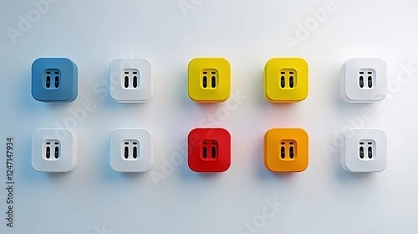 Fototapeta A set of high-tech, colorful smart plugs arranged in a grid on a pristine white background.