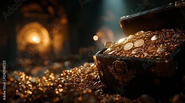 Fototapeta A mysterious treasure chest brimming with gold coins glows in a dimly lit cave, radiating wealth and adventure.