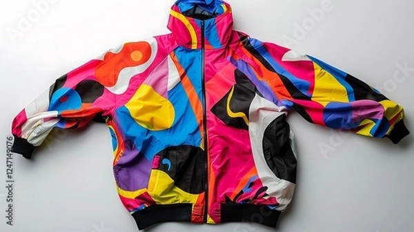 Fototapeta A sleek windbreaker jacket with vibrant patterns, spread out on a spotless white background.