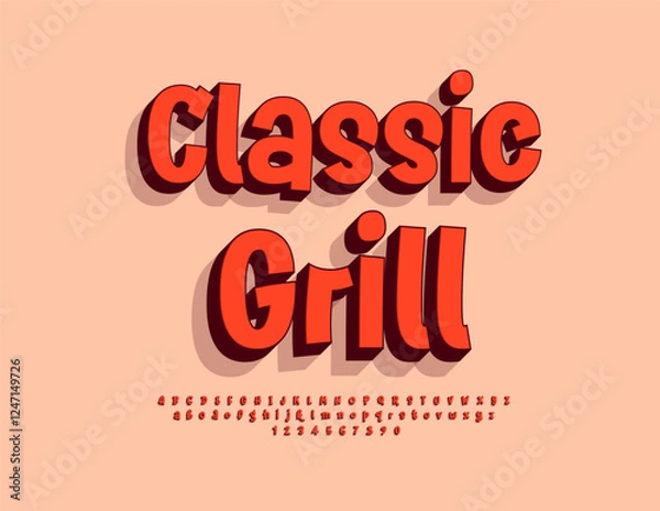 Fototapeta Vector Advertising flayer Classic Grill. Playful 3D Red Font. Modern Funny Alphabet Letters and Numbers set