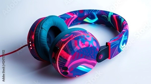 Fototapeta A vibrant gaming headset with bold patterns and glowing accents, lying flat on a clean white surface.