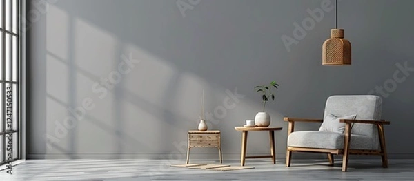 Obraz Gray interior with armchair, side table, hanging lamp, and empty wall. Ideal for product presentation.