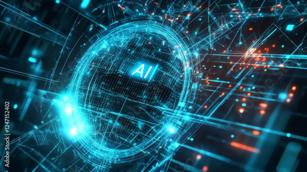 Fototapeta A conceptual illustration featuring an abstract futuristic background, integrating elements of digital technology and artificial intelligence, with the text "AI" prominently displayed