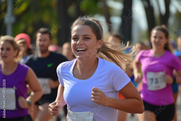 Fototapeta Participants enjoying a sunny day running in a local marathon event in the park