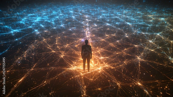 Obraz Mesmerizing multiverse scene with a man on the middle contemplating different choices. Choices and their outcomes concept