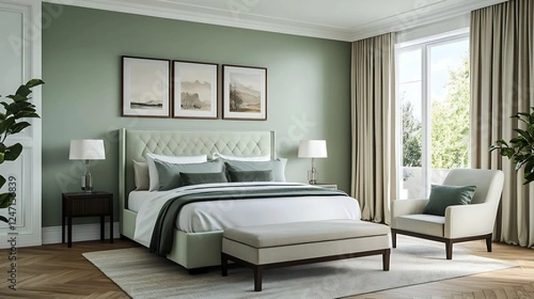 Fototapeta Modern Luxury Home Interior Bedroom Design with Mockup Frame , Wall, lamp, table, Poster(3d Render)