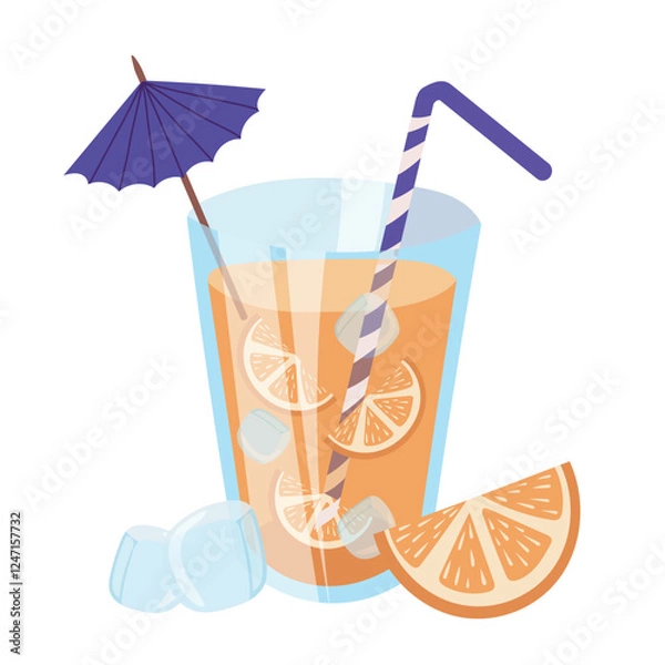 Fototapeta Vector illustration of a summer non-alcoholic drink in a large glass with a straw and a paper umbrella. An orange cocktail with ice.