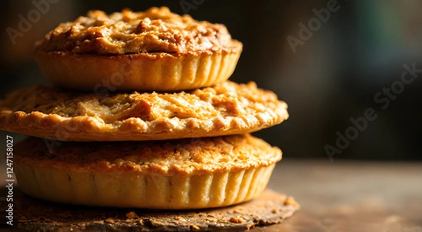 Fototapeta A variety of pies are arranged vertically, revealing different flavors and textures. There is space for adding text. Perfect for food photography, bakery advertisements, and dessert-themed designs.