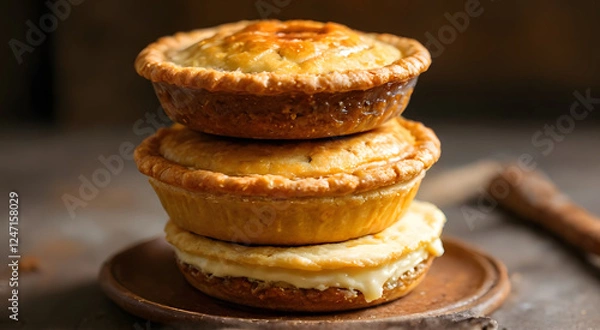 Fototapeta A variety of pies are arranged vertically, revealing different flavors and textures. There is space for adding text. Perfect for food photography, bakery advertisements, and dessert-themed designs.