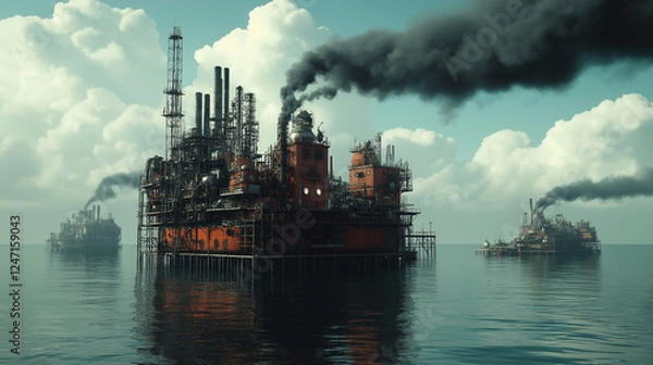 Fototapeta Industrial Platform on the Ocean, Polluting the Atmosphere