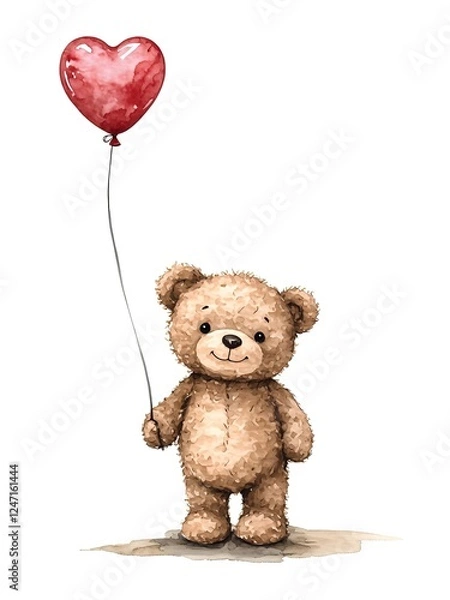 Fototapeta Adorable teddy bear holding a red heart-shaped balloon, exuding warmth and affection