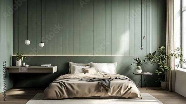 Fototapeta Modern Luxury Home Interior Bedroom Design with Mockup Frame , Wall, lamp, table, Poster(3d Render)