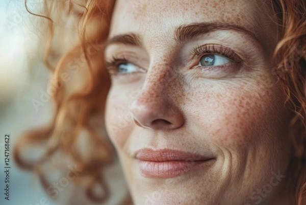 Obraz A close-up of a smiling woman with curly red hair and freckles, radiating warmth and happiness, capturing a moment of joy and contentment.