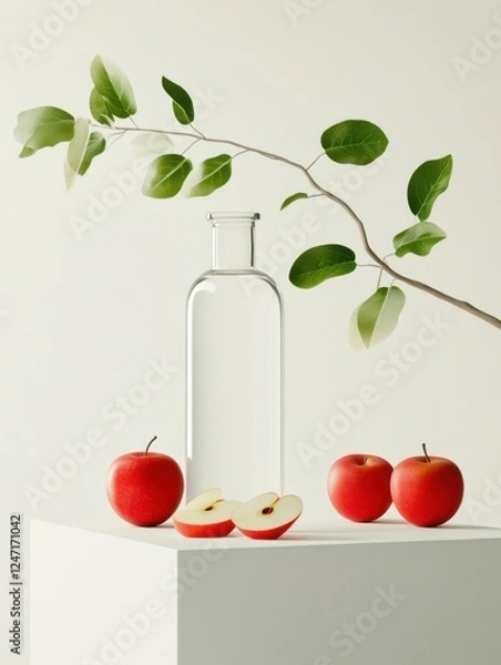 Fototapeta Minimalist Display with Transparent Bottle and Apples