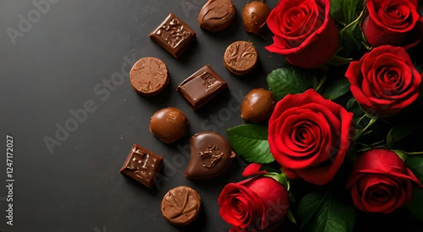 Fototapeta Valentine's Day chocolate background with elegant red roses. There is space for your text or personal branding. Perfect for romantic themed designs, advertisements and greeting card templates.