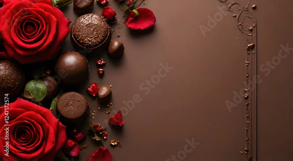Fototapeta Valentine's Day chocolate background with elegant red roses. There is space for your text or personal branding. Perfect for romantic themed designs, advertisements and greeting card templates.