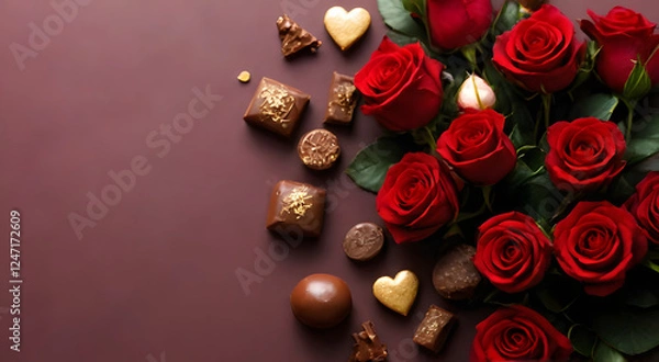 Fototapeta Valentine's Day chocolate background with elegant red roses. There is space for your text or personal branding. Perfect for romantic themed designs, advertisements and greeting card templates.