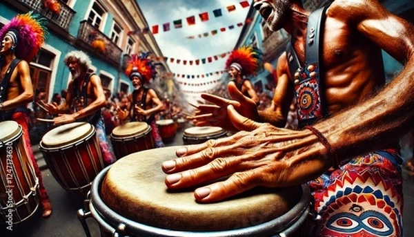 Fototapeta Close-up of a percussionist's hand playing his instrument during a carnival parade