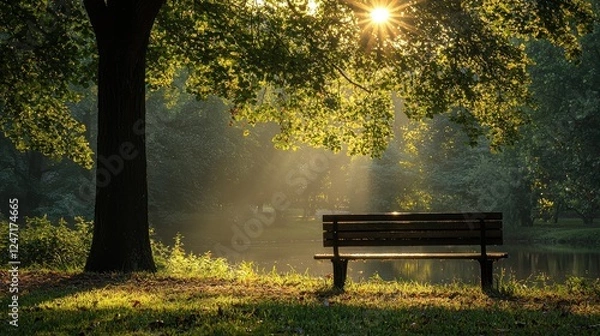 Fototapeta A tranquil park scene with a bench, sunlight filtering through the trees.