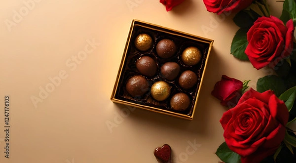 Fototapeta Assorted chocolates packed in a luxurious gold square box with fresh red roses on a light beige background, perfect for Valentine's Day, romantic advertisement.