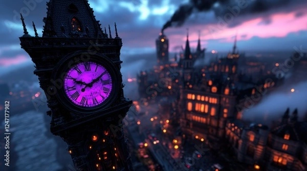 Fototapeta This image features a striking clock tower illuminated by vibrant hues, creating an enchanting atmosphere over a mysterious city, embodying the majesty of time against twilight.