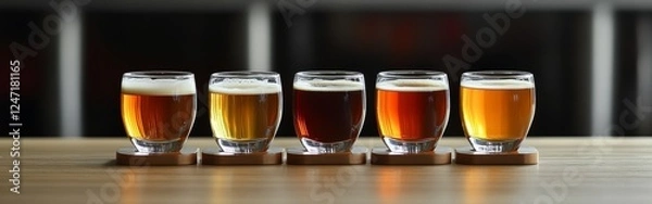 Fototapeta Enjoy a diverse selection of craft beers served in small glasses, each displaying distinct colors and creamy foam. The warm atmosphere of the brewery enhances the tasting experience