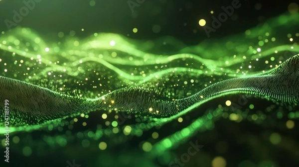 Fototapeta Abstract green digital landscape with glowing fiber-optic strands and particles.