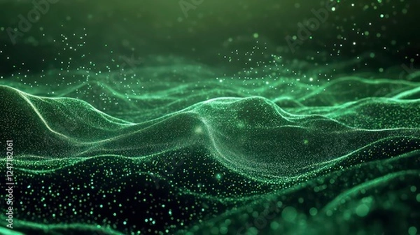 Fototapeta Abstract green digital landscape with glowing fiber-optic strands and particles.