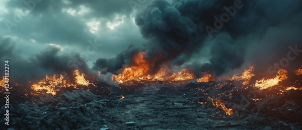 Fototapeta A burning waste heap with red glimmers of fire ins_005