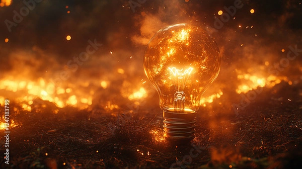 Fototapeta A light bulb bursts, releasing vibrant sparks and particles into the darkness, symbolizing the explosion of creativity and innovative ideas in a dramatic and chaotic moment of inspiration.


