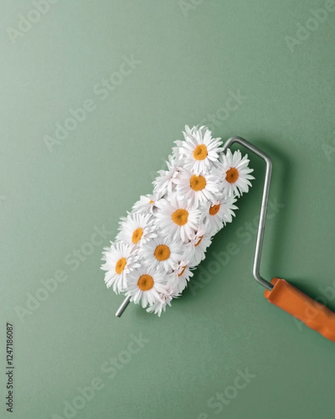 Fototapeta Paint roller covered with white daisies, creating effect of painting with flowers, against green background. Concept of renovation, nature, freshness, creativity.