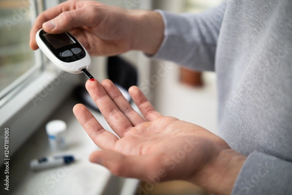 Fototapeta Close-up Of A Man's Hand Checking Blood Sugar Level With Glucometer
