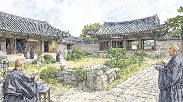 Fototapeta Monks_sharing_tea_in_a_serene_temple_courtyard.