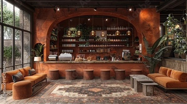 Fototapeta A charming coffee shop with a warm color palette, featuring cushioned seating, ambient lighting, and a counter filled with coffee drinks and fresh pastries